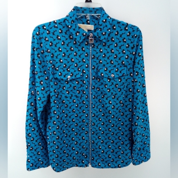 MICHAEL Michael Kors Blue Black Floral Metal Purse Zipper Charm Blouse Work M - Picture 11 of 11